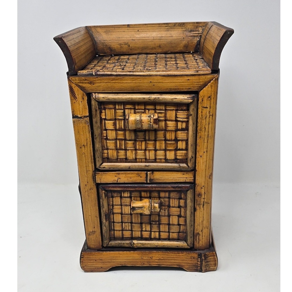 Vtg Rattan mini chest two drawer storage bamboo boho organizer costal tiki decor